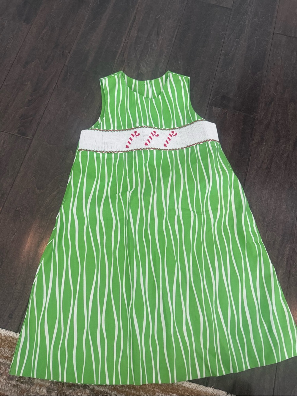 Anavini Girls 5 Green Stripe Candy cane Smocked Dress